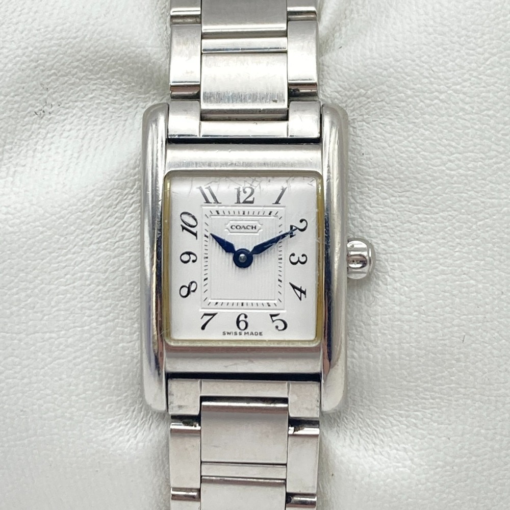 Coach Women's Tank Watch 19mm Silver Tone Swiss Made W002B New Battery 6.25"